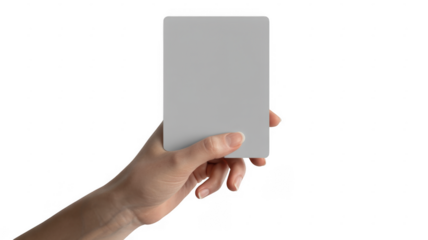 Hand holding a gray card or paper blank isolated on a transparent background