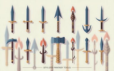 Collection of vectorized stylized fantasy weapon illustrations swords spears axes and torches with gradient shadows and a modern flat design