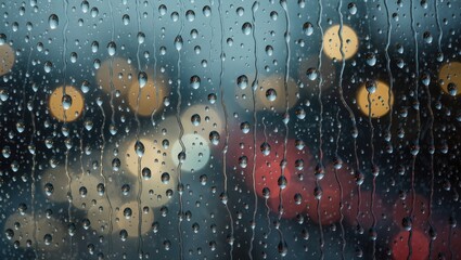 Raindrops create a dreamy view on a cozy city evening