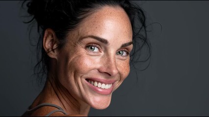 Closeup portrait of an attractive middle aged woman with freckles and striking green eyes, smiling confidently to reveal a flawless white smile and healthy glowing skin