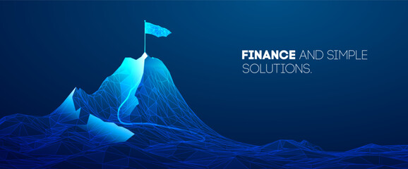 Tech business concept with success mountain background for growth challenge leader. Leadership vision goal with career flag man for top abstract 3d. Road technology tech with achieve success.