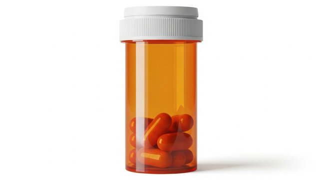 Orange pill bottle with white cap on white background