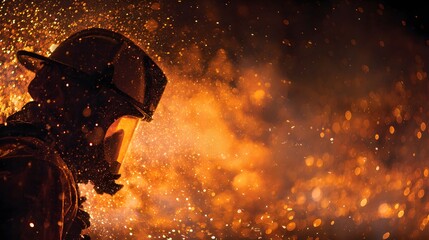 Brave Firefighter Silhouette Amidst Fiery Inferno, Courageous Heroism in Action, Dramatic Scene.