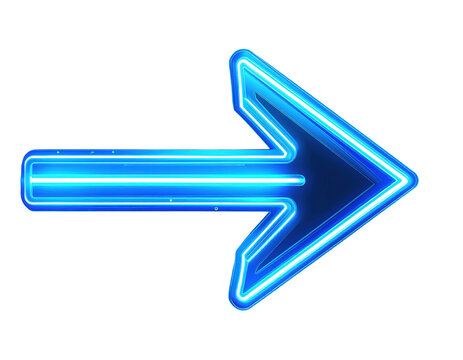 Blue glowing neon arrow pointing right isolated on white