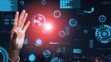 A hand reaches out towards a futuristic digital interface filled with vibrant data visualizations and graphical elements, symbolizing innovation and technology in modern environments. Xenic - Powered by Adobe