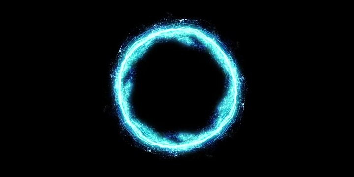 Glowing swirling vortex of vibrant light trails in blue, purple and pink color on a dark background. Concept of big data, block chain and digital technology. Template with free copy space for text.