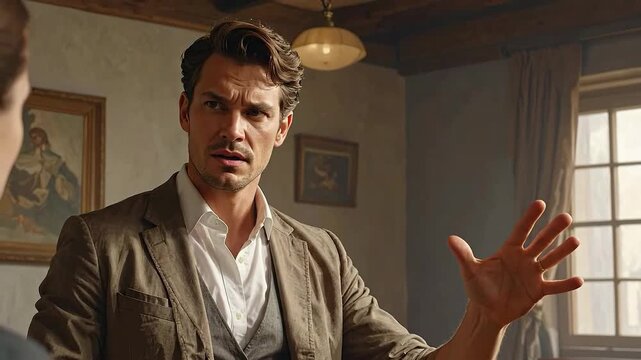Man in suit gesturing emphatically during a heated discussion.