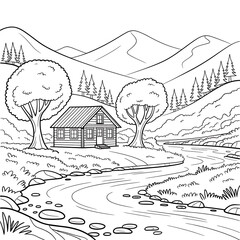 Cozy Cabin by the River in a Mountain Landscape Coloring Page