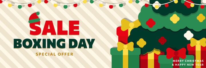 Boxing Day wide promo banner with layered paper cut Xmas tree, garlands, gifts and discount on beige background. Flat bold header, billboard with SALE special offer for Christmas and New Year holidays