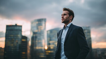 Fototapeta premium Professional man in suit stands confidently on city rooftop at sunset, reflecting success and ambition with a backdrop of modern skyscrapers.