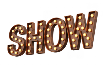 Marquee sign with glowing lights spelling show isolated on a transparent background