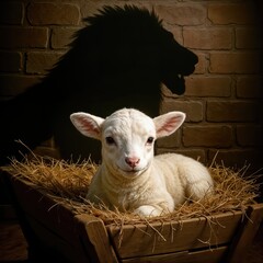 A lamb lies peacefully in a hay-filled wooden trough, casting a shadow that resembles a lion on the brick wall behind it, symbolizing a juxtaposition of innocence and courage 