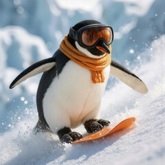 A penguin wearing goggles and an orange scarf is snowboarding down a snowy slope 
