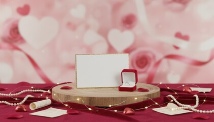 Romantic proposal setup with engagement ring heart decorations elegant table setting intimate indoor venue close-up view love and celebration theme