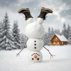 A whimsical snowman stands upside down with boots on its head as snow gently falls, revealing a cozy cabin in the snowy background 