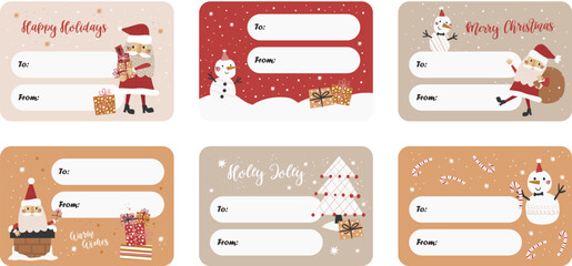 Set of blank templates for Christmas personalized gift labels and stickers. Design "from and to" with Santa Claus and snowman