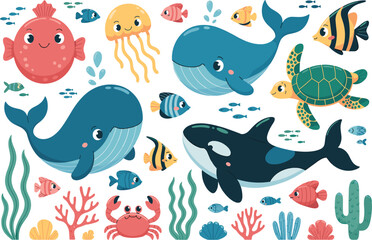 Cute sea animals vector collection, whale turtle crab jellyfish starfish underwater life illustration.