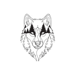 Minimalist Wolf Head Line Art with Pine Forest Silhouette across Eyes, Continuous One-Line Wildlife Nature Vector Illustration
