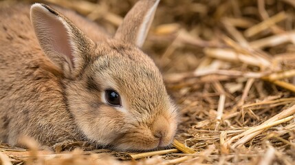Close-up of a cute brown rabbit eating in a bed of hay, adorable animal.