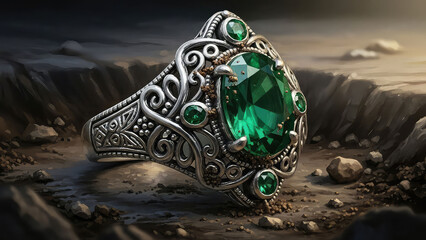 Ornate antique silver ring with large faceted emerald and smaller green gems