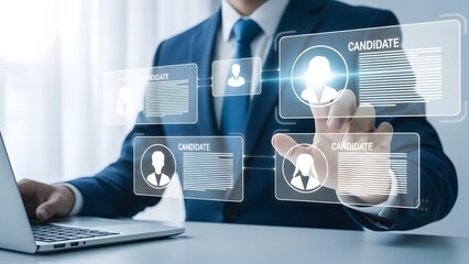 Man reviewing candidate profiles on digital interface