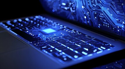 Close-up of a glowing computer keyboard with a circuit board design, technology concept.