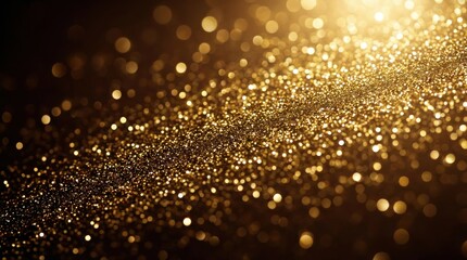 Abstract shimmering golden glitter particles flowing diagonally with soft bokeh lights and dark
