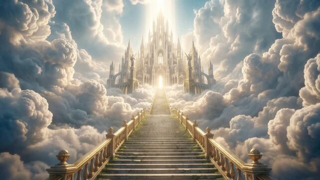 Golden stairway rising through towering clouds toward a radiant celestial palace, epic fantasy heaven scene