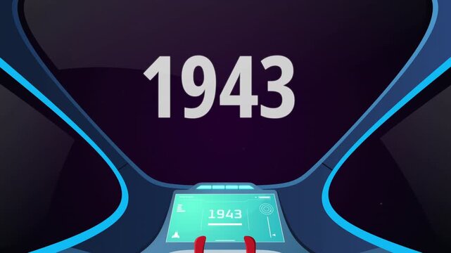 Time travel cockpit with futuristic animation jump to the year 1943. Ideal for content creators, tech presentations, future concepts, and cinematic video projects.