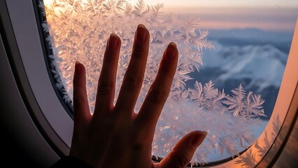 Frosty Window View: Hand Touching Winter Wonderland from Airplane