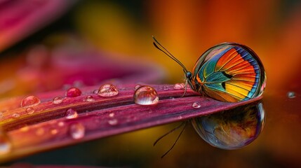 Colorful Butterfly Perched on Leaf Surface with Water Droplets and Reflective Background, Showcasing Nature's Beauty in Vibrant Tones