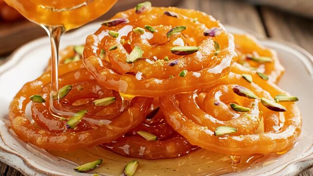 A plate of jalebi indian dessert topped with pistachios on a wooden table