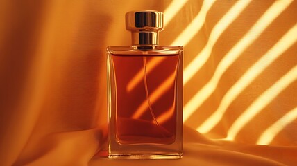 Luxurious amber perfume bottle on silk illuminated by warm light showing elegance and sophistication with a minimalist aesthetic