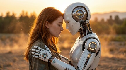 Human and Robot Embrace in Golden Sunset Light with Soft Focus Background love connection