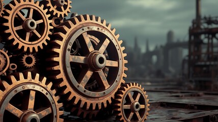 Obraz premium Detailed illustration of intricate rusty metal gears showcasing mechanical design and steampunk aesthetic with an industrial city backdrop.