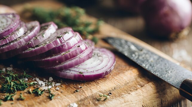 Close-up of sliced red onion on a wooden cutting board with a knife and herbs, ready for cooking. - Powered by Adobe