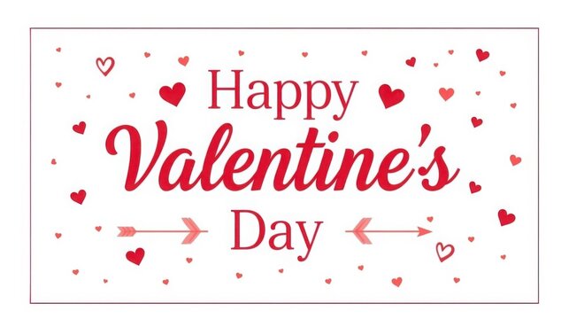 Elegant cursive happy valentine's day text with red hearts and arrows on white background for romantic greeting cards