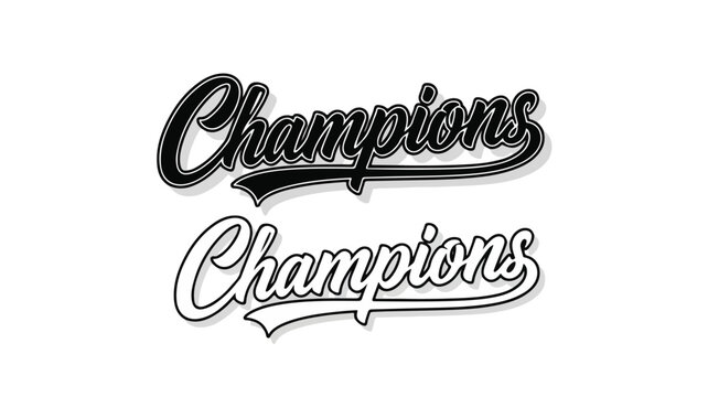 Black and white illustration of the word 'Champions' in a stylized script font on a plain white background.