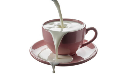Pink teacup and saucer with milk pouring isolated on a transparent background