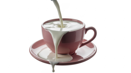 Pink teacup and saucer with milk pouring isolated on a transparent background