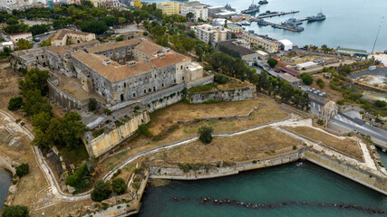 Aerial view of the Swabian castle in the historic centre of Augusta, in the province of Syracuse, Sicily, Italy. It is a symbolic building of the city and was a 13th-century defensive fortification.