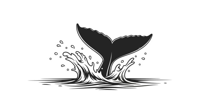 Stylized whale tail splashing water in a minimalist black and white illustration emphasizing