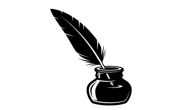 Minimalist black and white illustration of a quill pen dropped into an ink bottle for writing and
