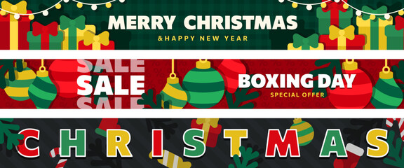 Horizontal flat Christmas banner set. Website headers for holiday sale, Boxing Day and New Year 2026. Billboards with cartoon layered gifts, baubles, festive letters. Modern graphic promo templates.