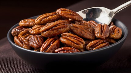 Close-up shot of a bowl filled with delicious, fresh pecan nuts, ready to eat.