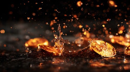 Close-up shot of golden coins falling on a dark surface with water splashes and bokeh.