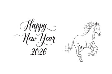 Happy New Year 2026 Elegant Calligraphy with Running Horse Line Art