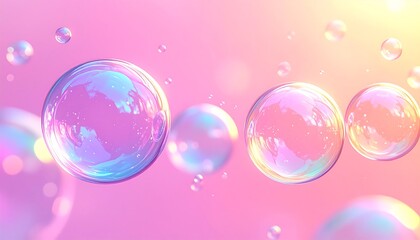 Colorful soap bubbles floating in pink background