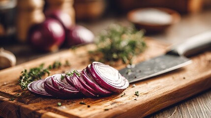 Close-up shot of sliced red onion on a wooden cutting board with herbs and a knife.
