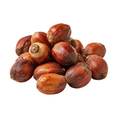 A close-up view of a pile of rich, textured hazelnuts showcasing their natural color and shape, highlighting the beauty of these nuts on transparent background.